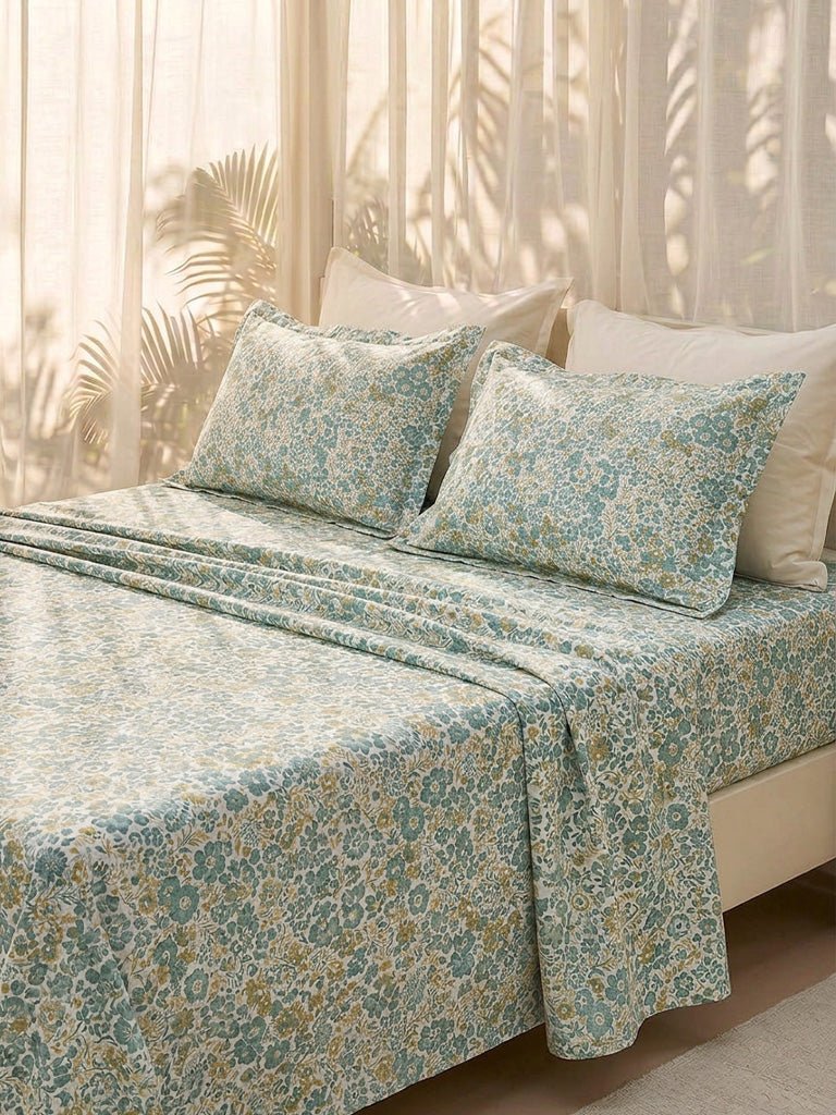 Fast Wear Dusty Blue Floral Printed Queen Bed Sheet Set