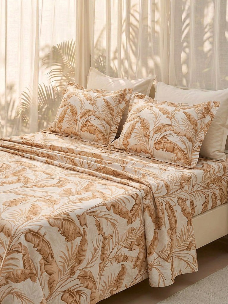 Fast Wear Brown Leaf Printed King Bed Sheet Set