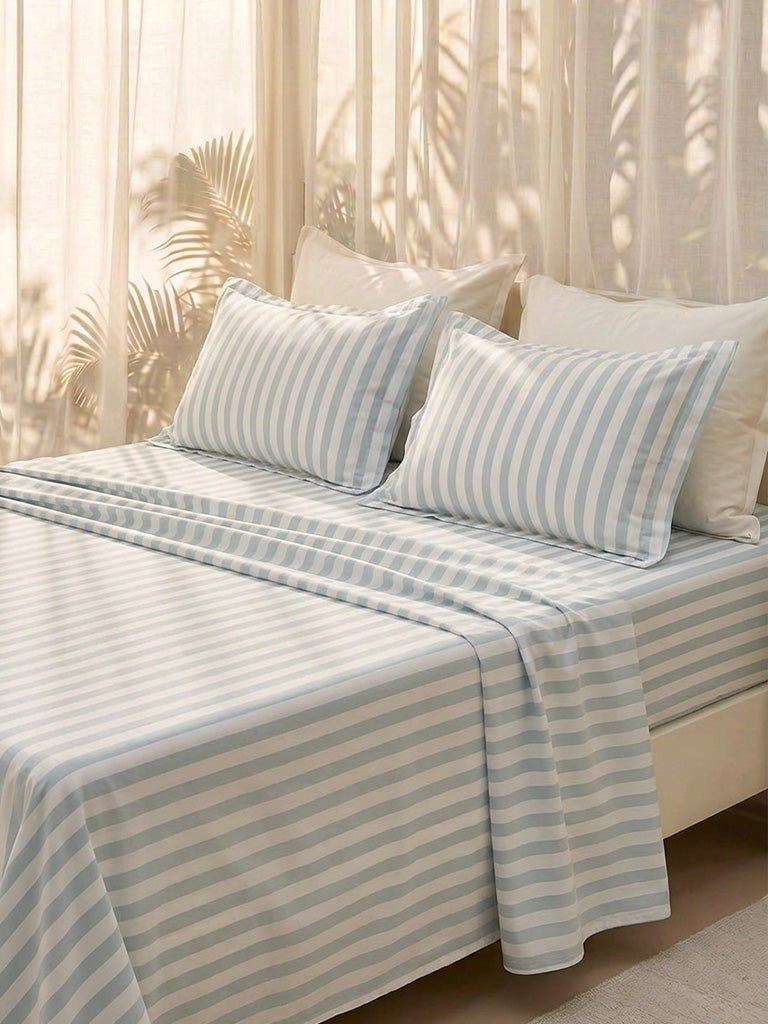 Fast Wear Dusty Blue Striped King Bed Sheet Set