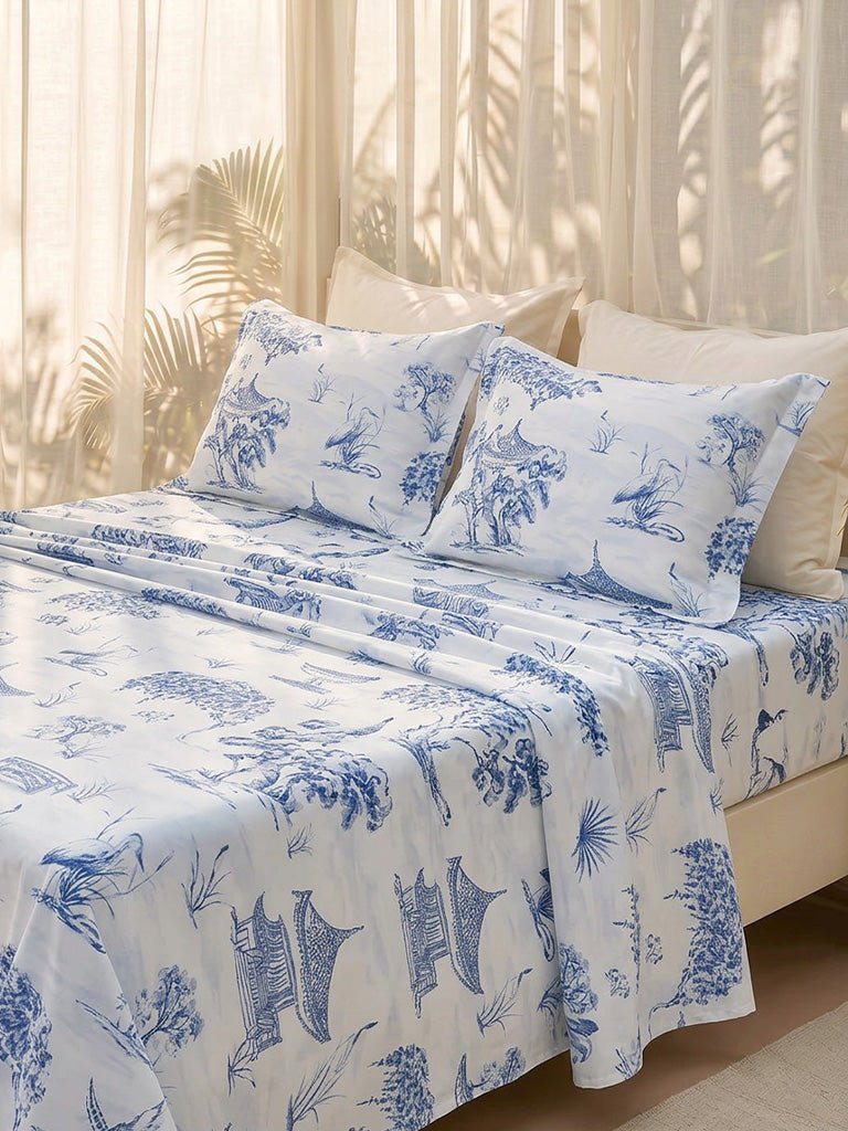 Fast Wear Dusty Blue Toile Printed Queen Bed Sheet Set