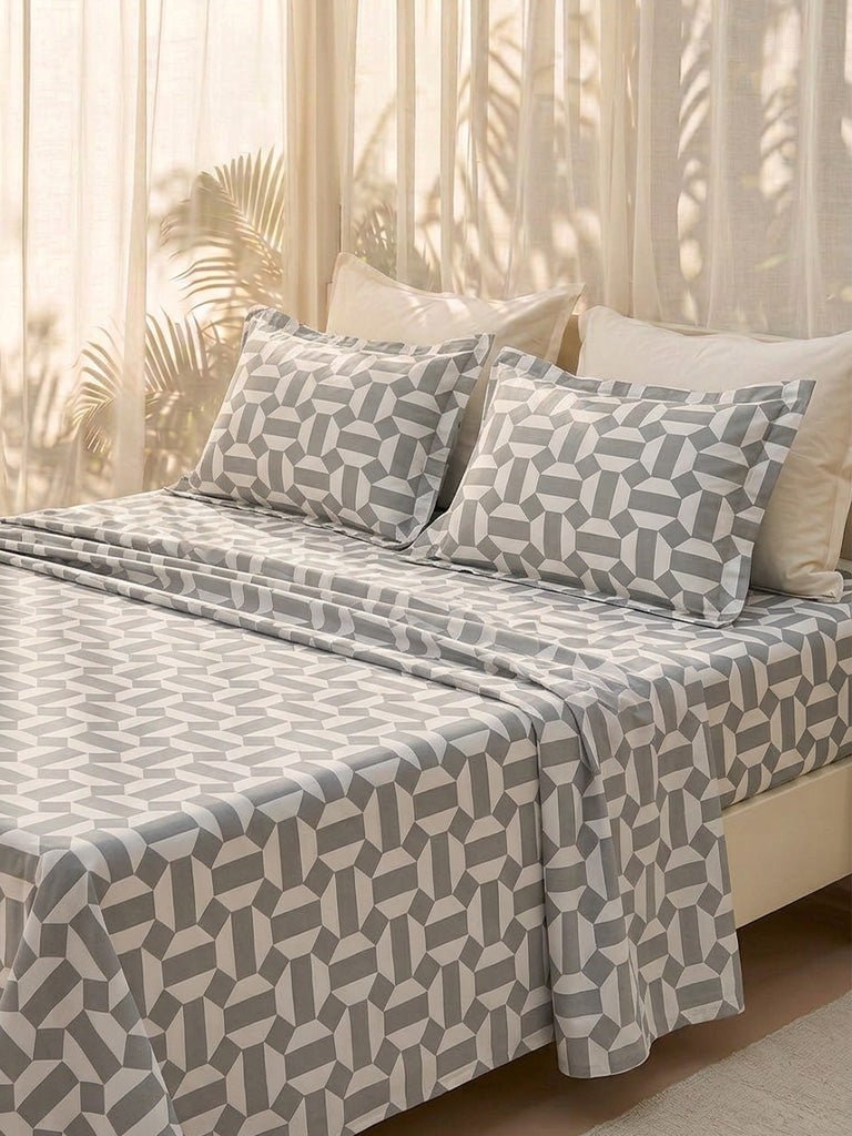 Fast Wear Sage Geometric Pattern Queen Bed Sheet Set