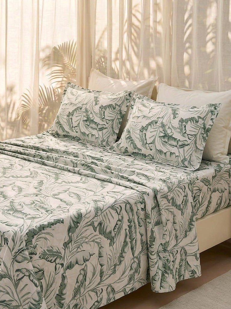 Fast Wear Sage Leaf Printed Queen Bed Sheet Set