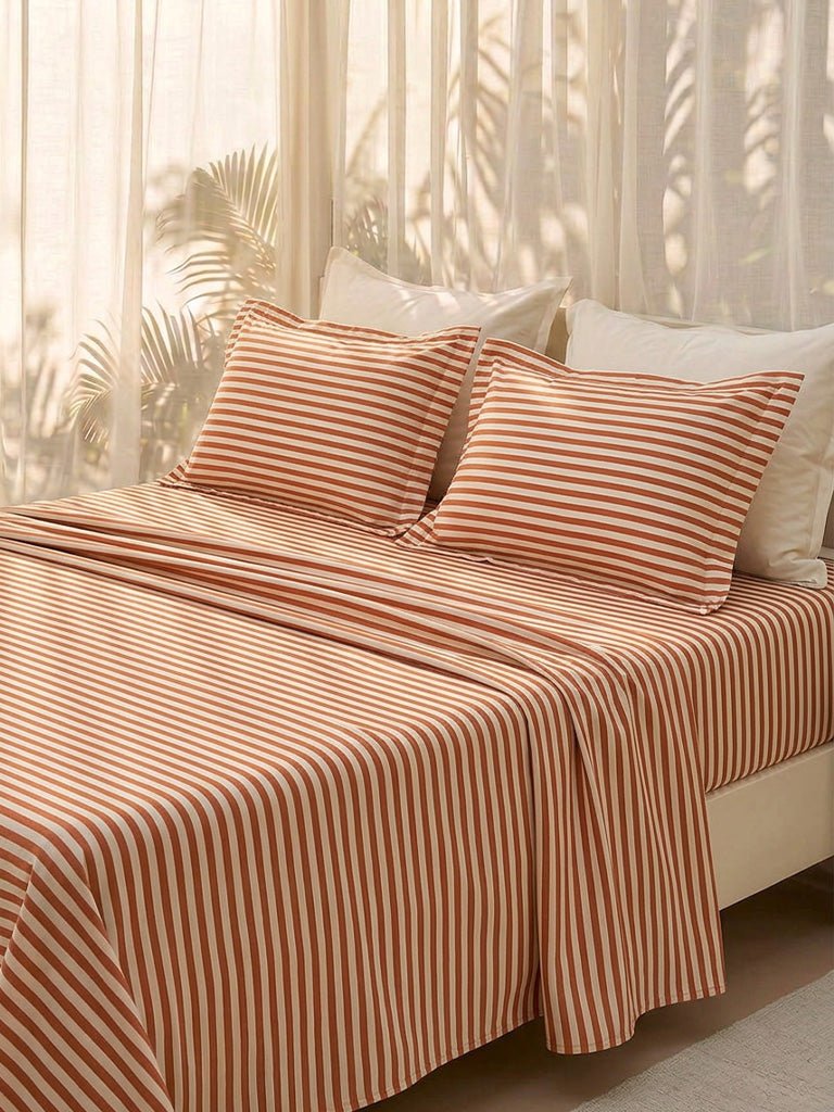 Fast Wear Orange Stripe Printed Queen Bed Sheet Set
