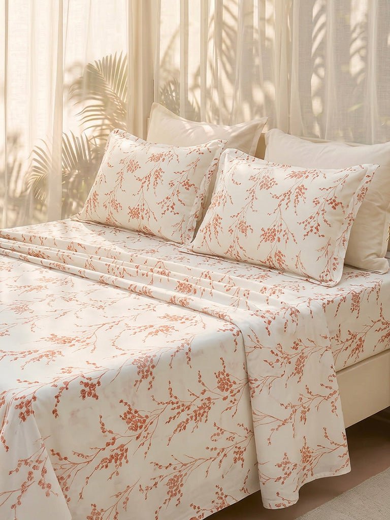 Fast Wear Orange Botanical Design Queen Bed Sheet Set