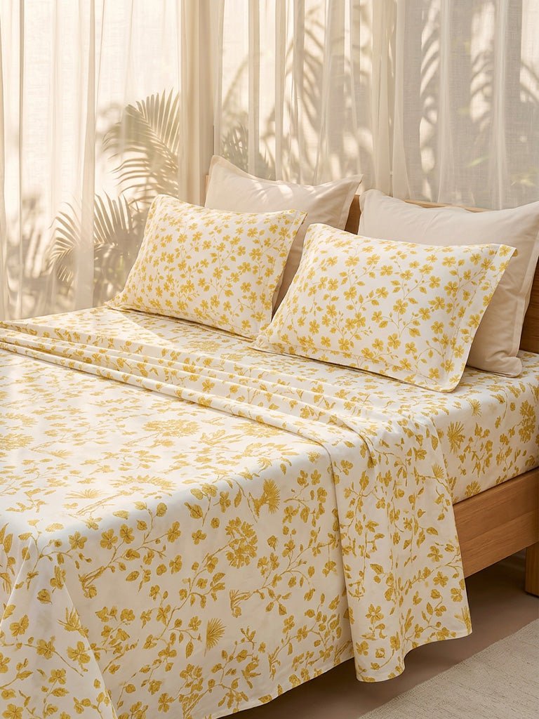 Fast Wear Yellow Floral Printed King Bed Sheet Set