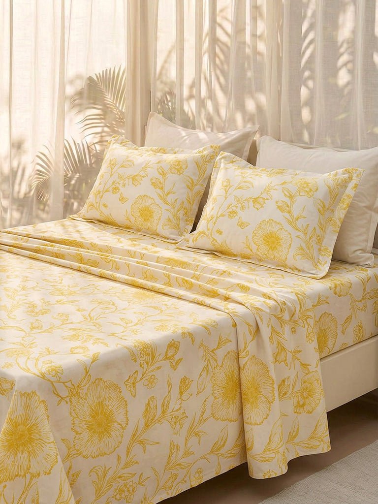 Fast Wear Yellow Floral Printed King Bed Sheet Set
