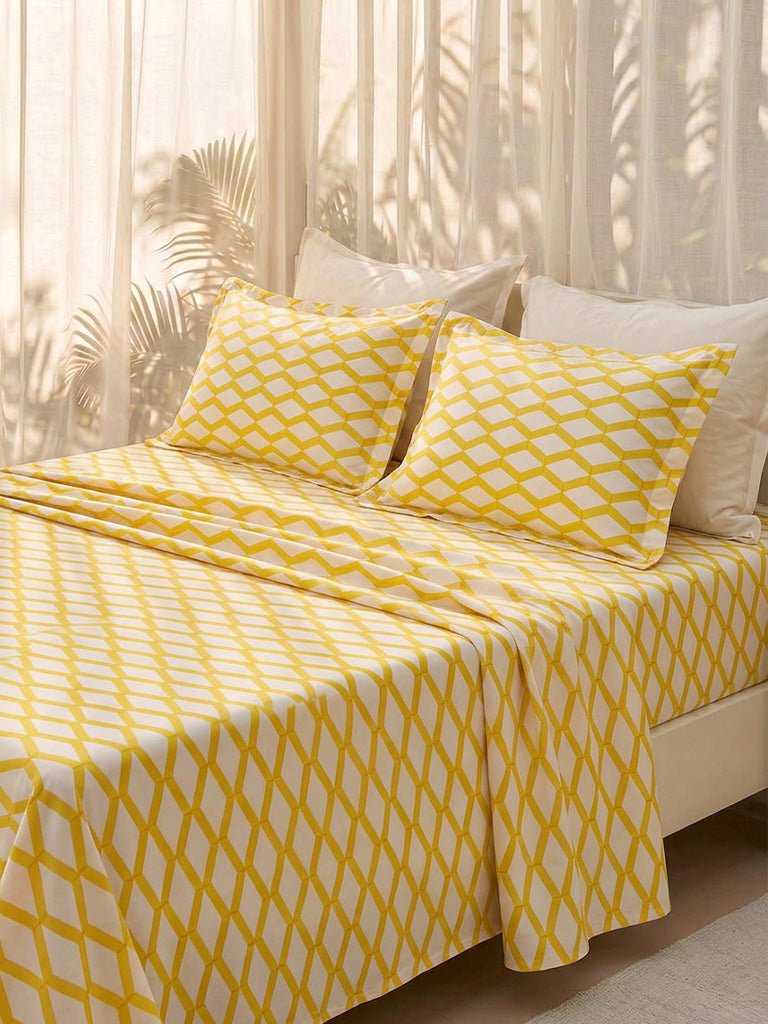 Fast Wear Yellow Rhombus Printed Queen Bed Sheet Set