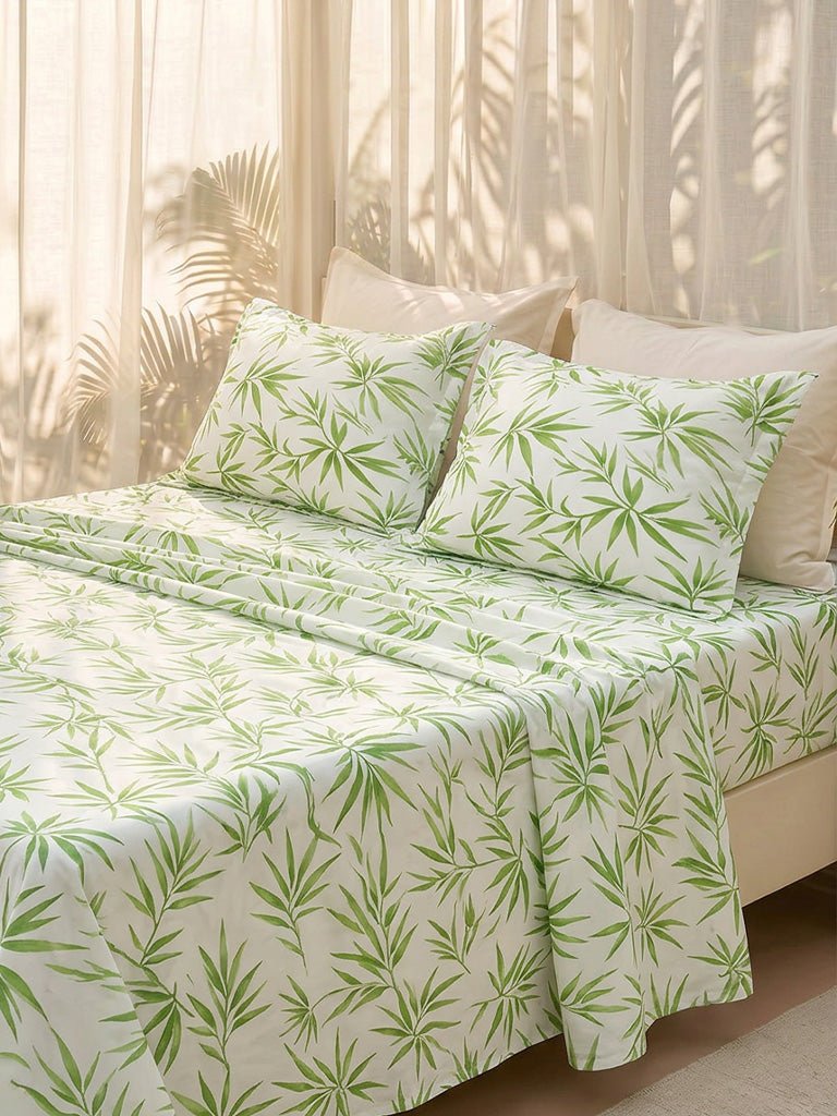 Fast Wear Green Bamboo Leaf Printed Double Bed Sheet Set