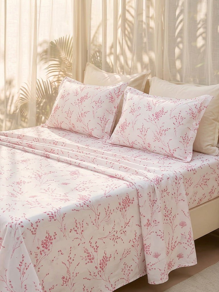 Fast Wear Pink Botanical Printed Double Bed Sheet Set
