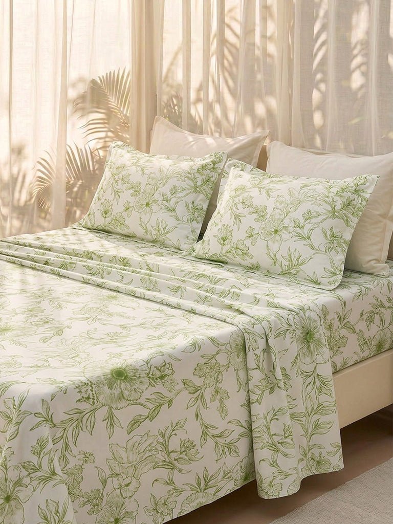 Fast Wear Green Floral Pattern Double Bed Sheet Set