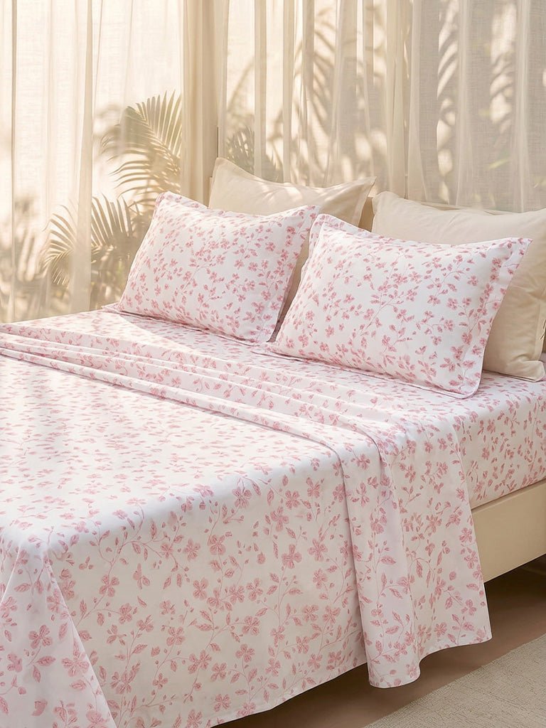 Fast Wear Pink Floral Printed Double Bed Sheet Set