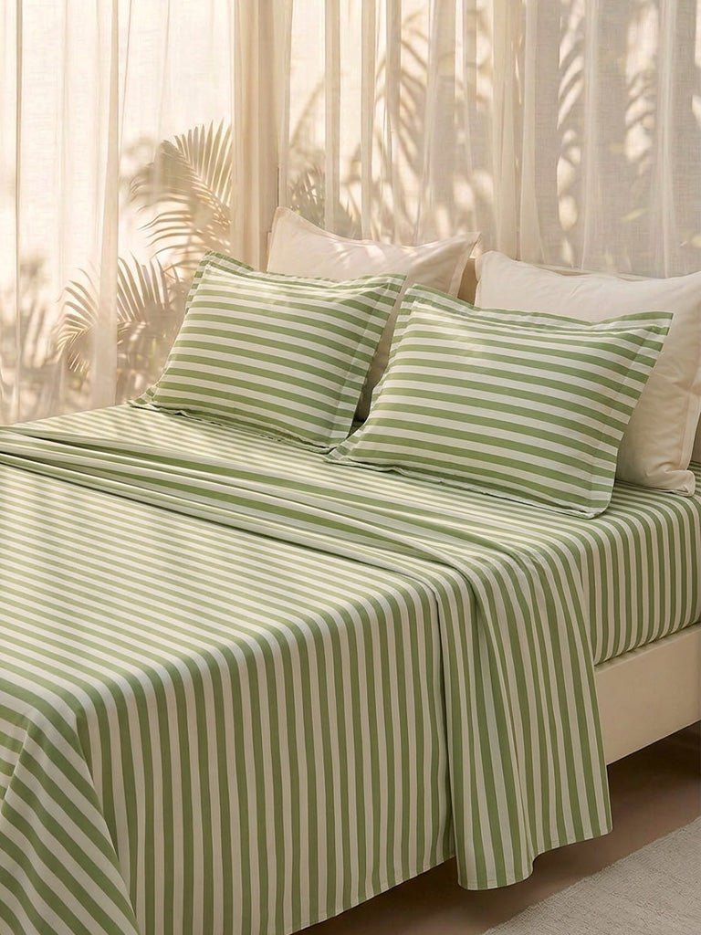 Fast Wear Green Striped Double Bed Sheet Set