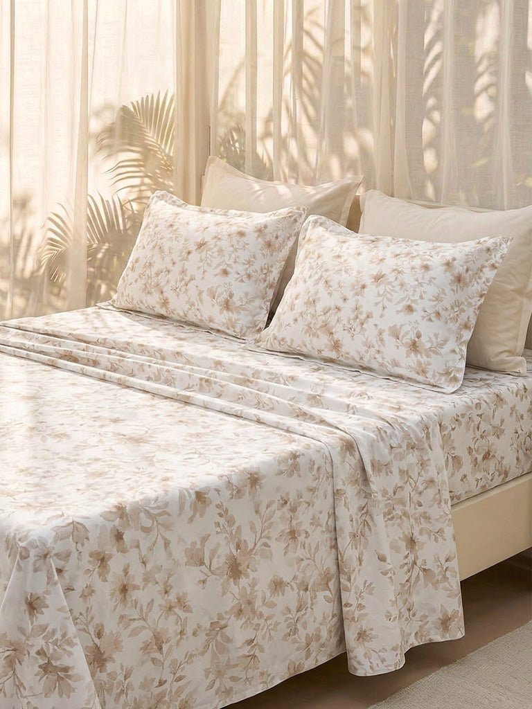 Fast Wear Taupe Floral Printed King Bed Sheet Set