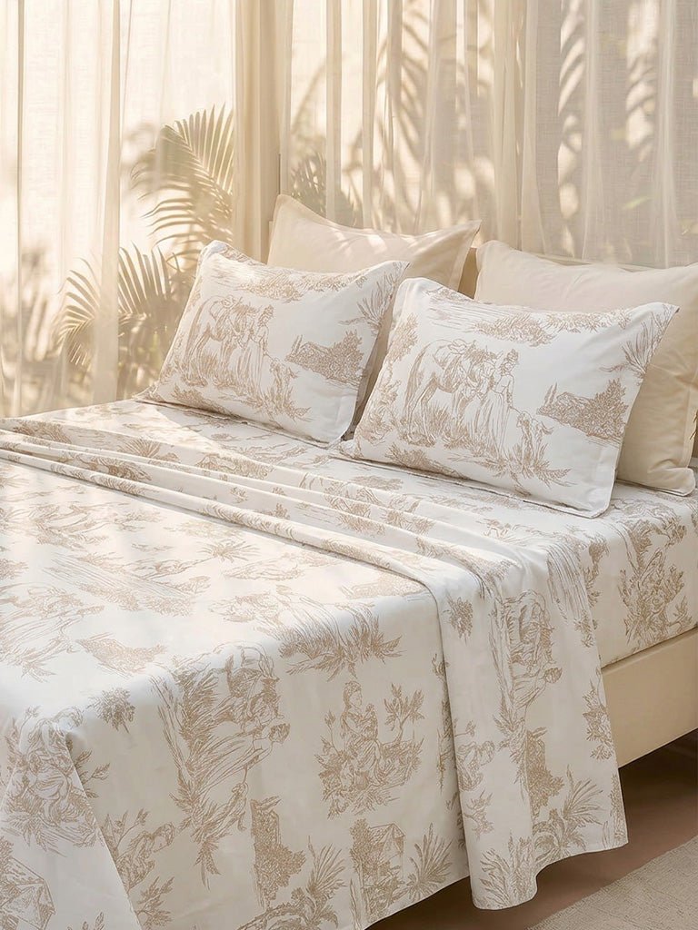 Fast Wear Taupe Toile Printed King Bed Sheet Set
