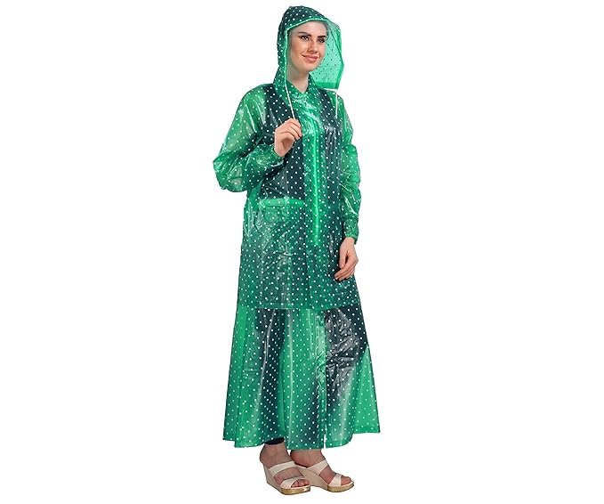 Women's Green Dotted Print Raincoat Top and Skirt Suit Lightweight Rainwear
