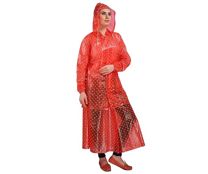 Women's Red Dotted Print Raincoat Top and Skirt Suit Stylish Rain Protection