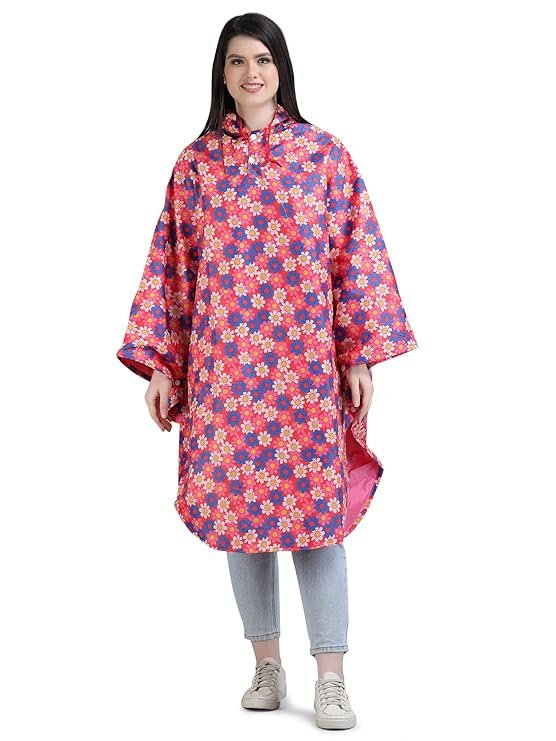 Women's Pink Reversible Waterproof Rain Poncho with Hood and Carry Pouch