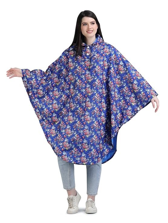 Women's Reversible Blue Waterproof Rain Poncho with Hood Portable Rainwear
