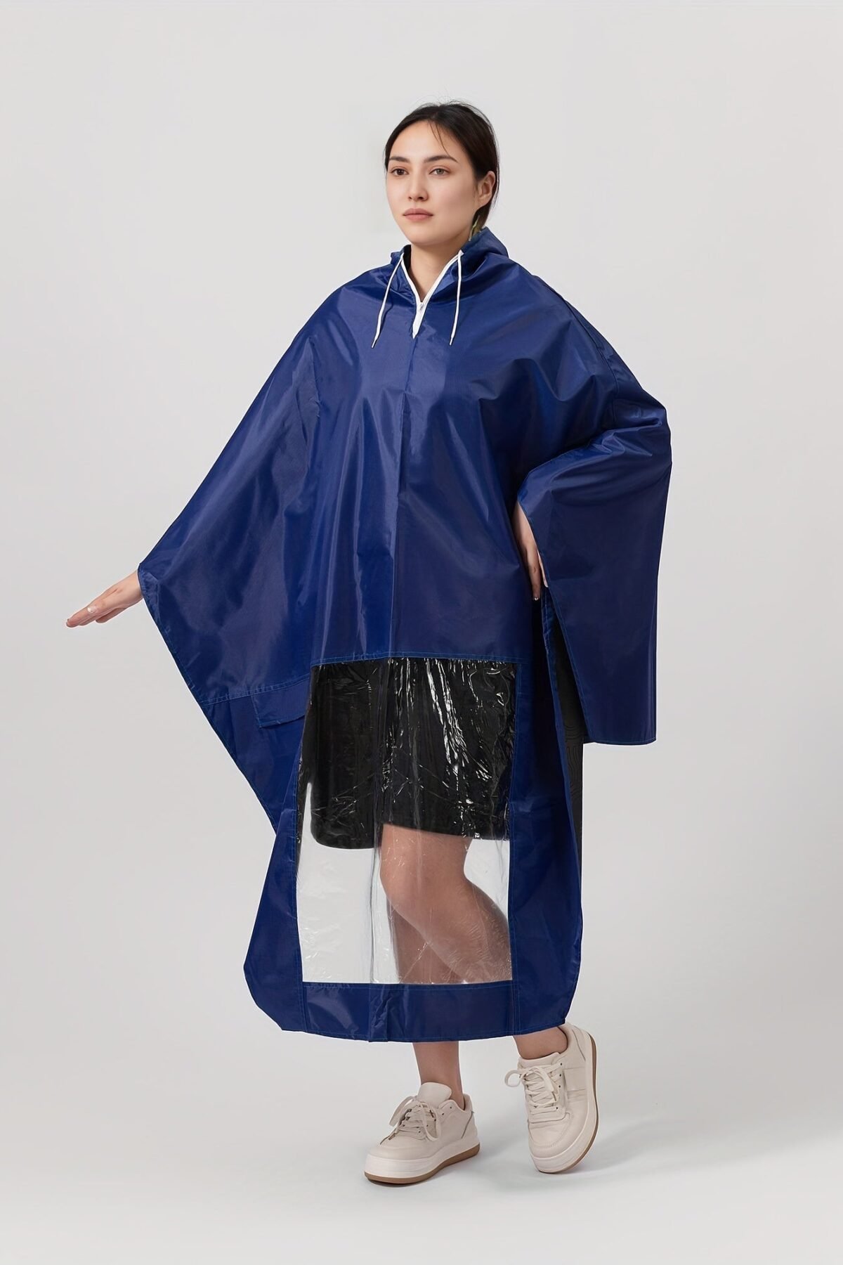 Women's Blue Hooded Rain Poncho Jacket Waterproof Outdoor Raincoat