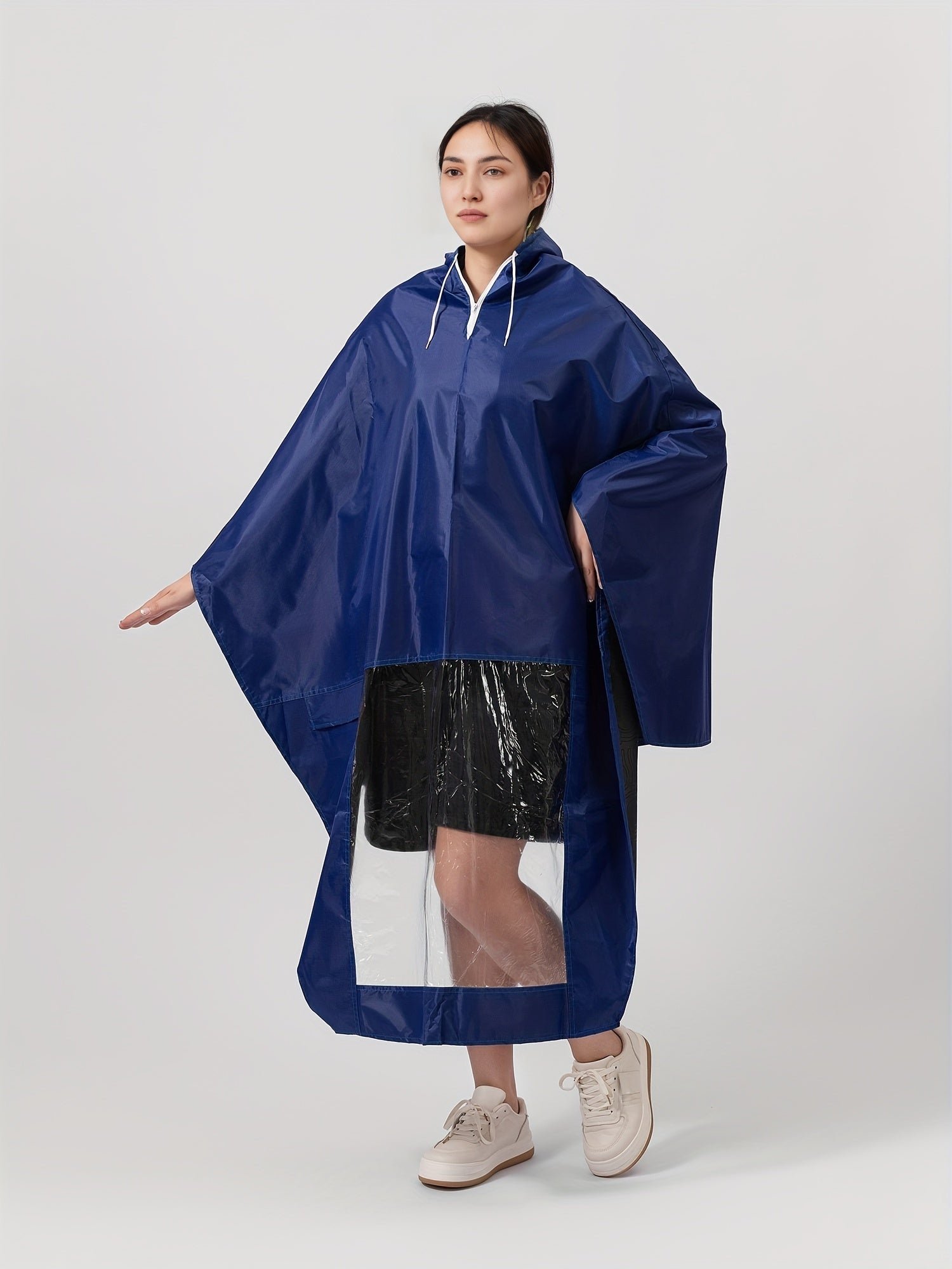 Women's Blue Hooded Rain Poncho Jacket Waterproof Outdoor Raincoat