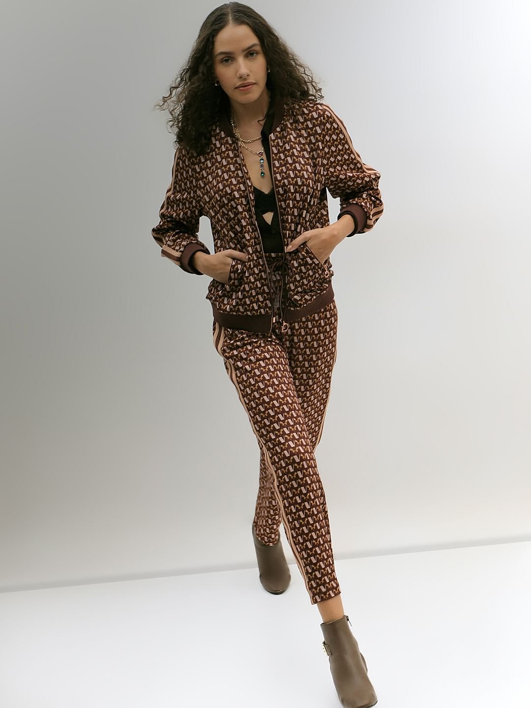 Brown Abstract Print Co-Ord Set Jacket