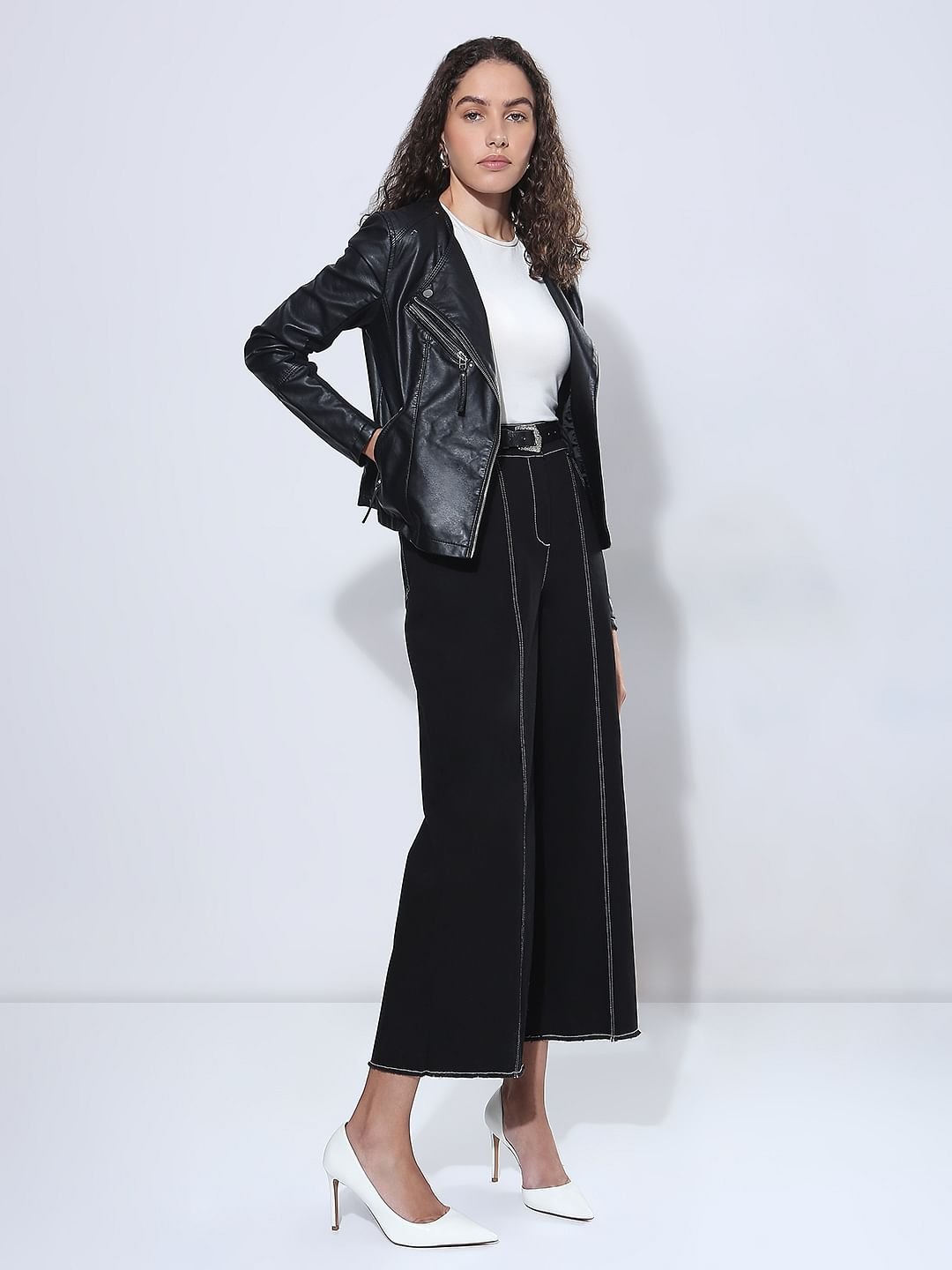 Black Wide Leg Stich Line Jeans