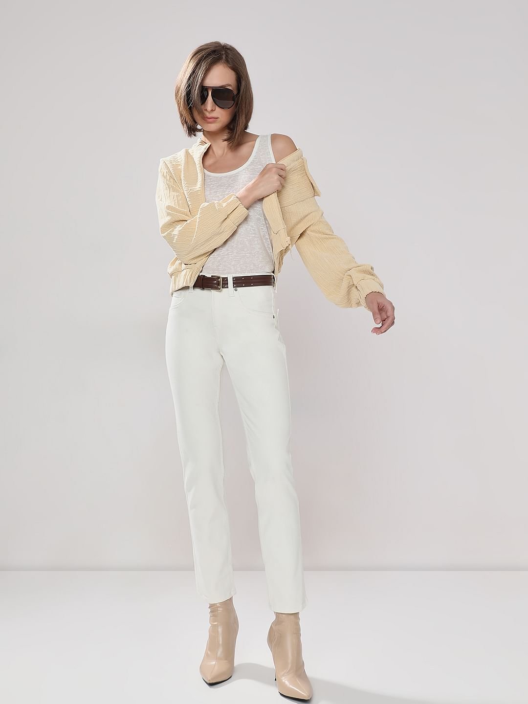 White Mid Rise Straight Fit Jeans
