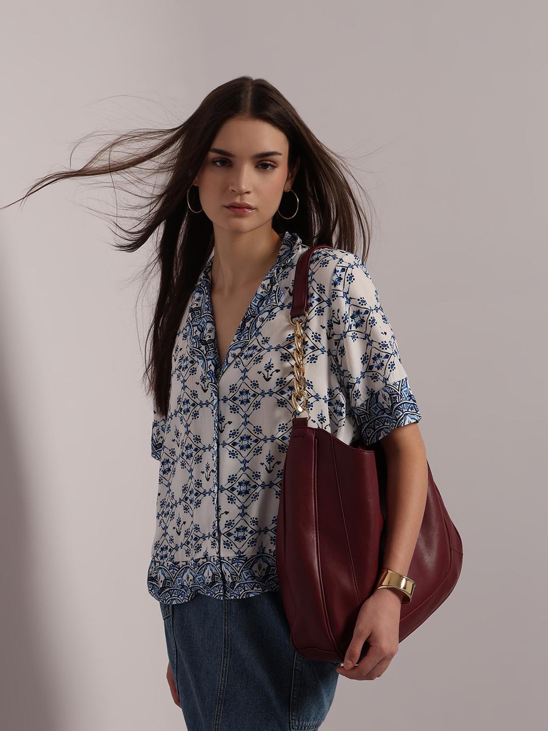 Fast Wear Blue Printed Viscose Shirt
