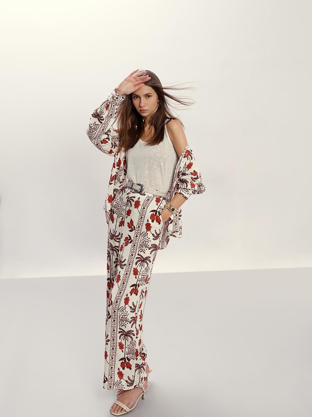 Fast Wear Ecru Printed High Rise Pants