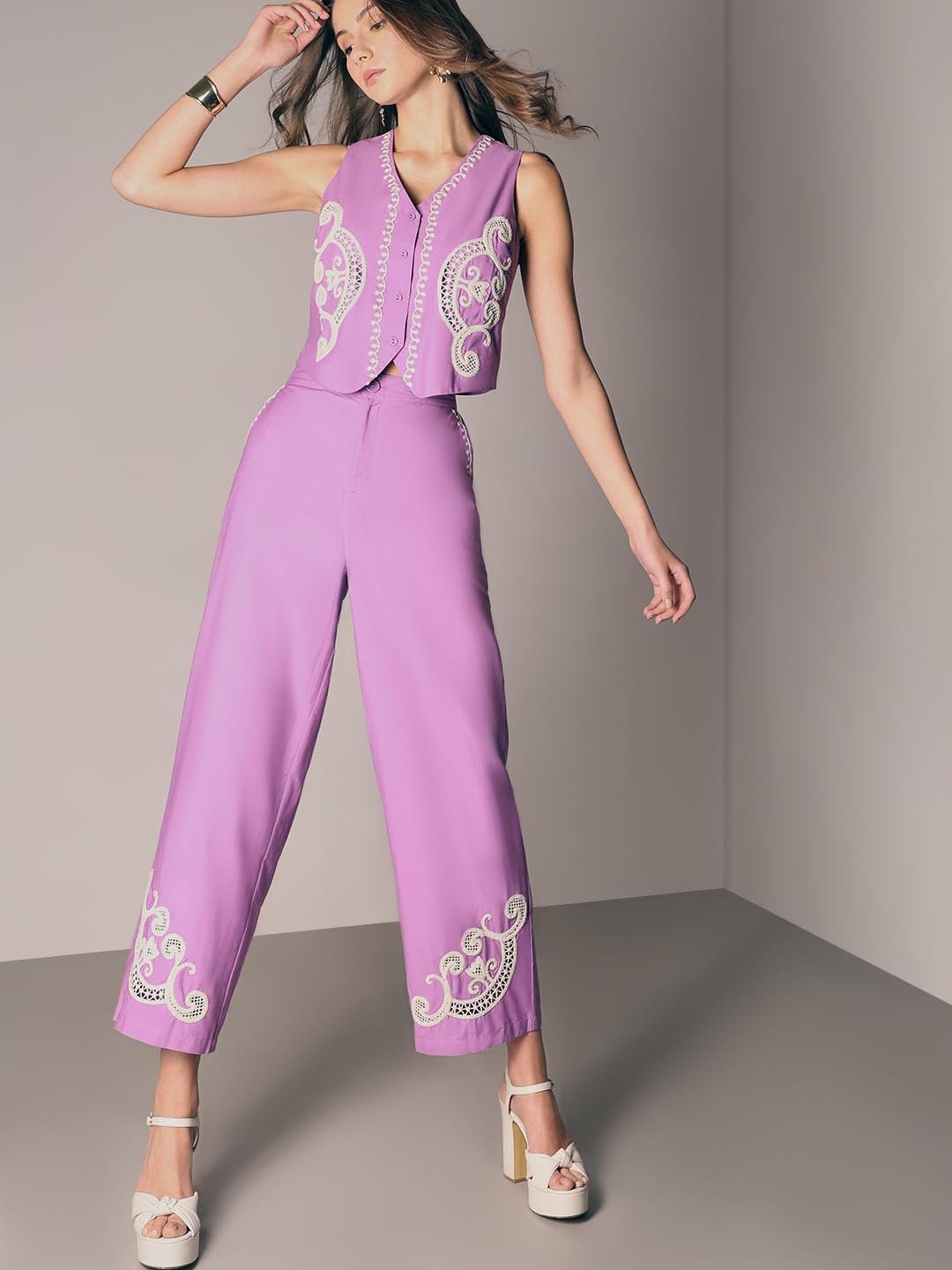 Fast Wear Lavender Embroidered Pants