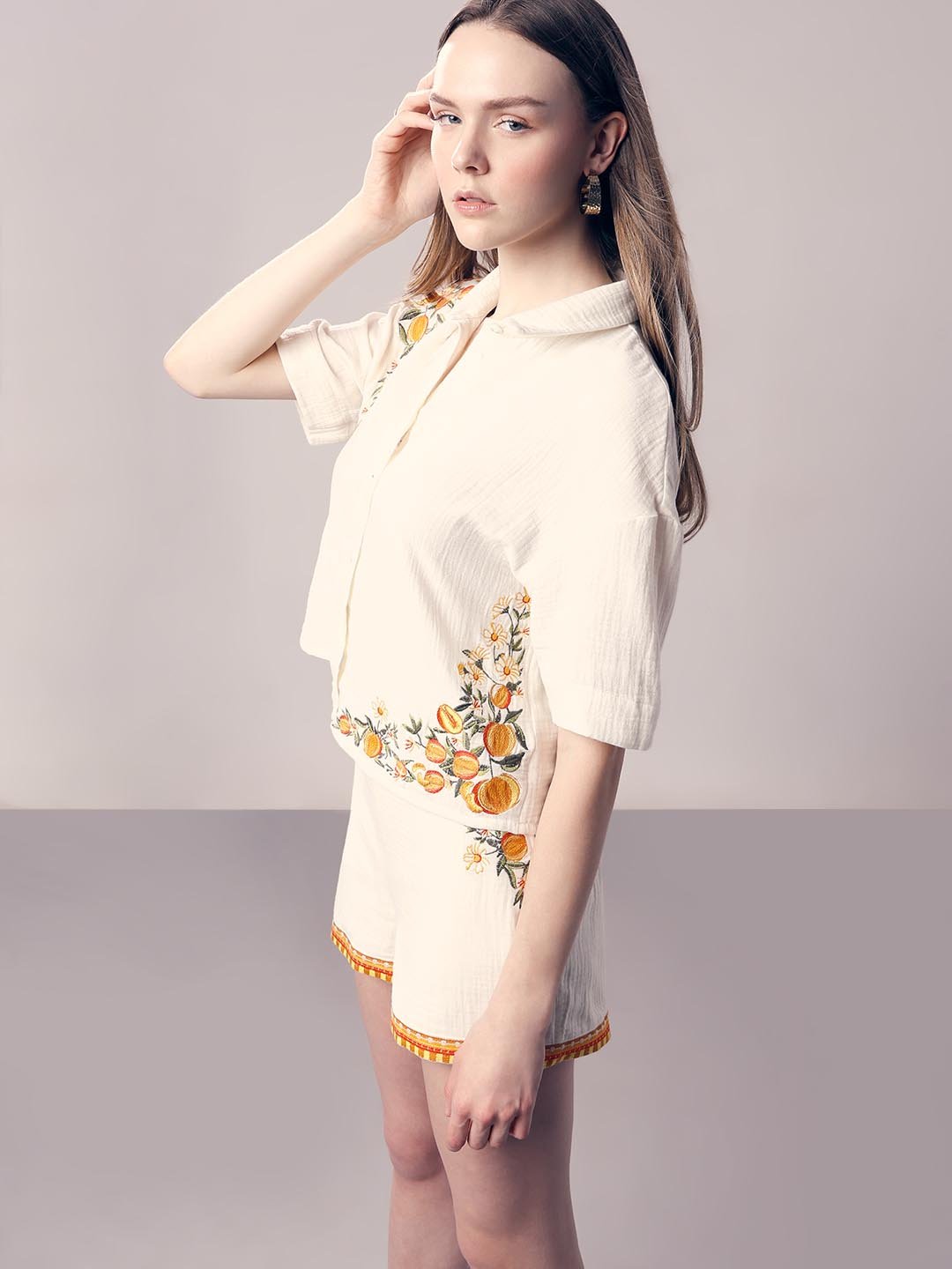 Fast Wear White Embroidered Print Shirt