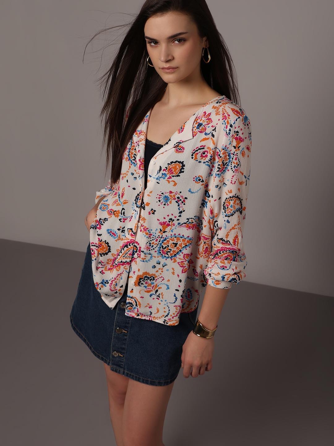 Fast Wear White Printed Viscose Shirt