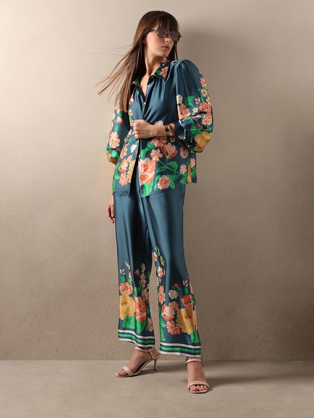 Teal Floral Straight Fit Pants