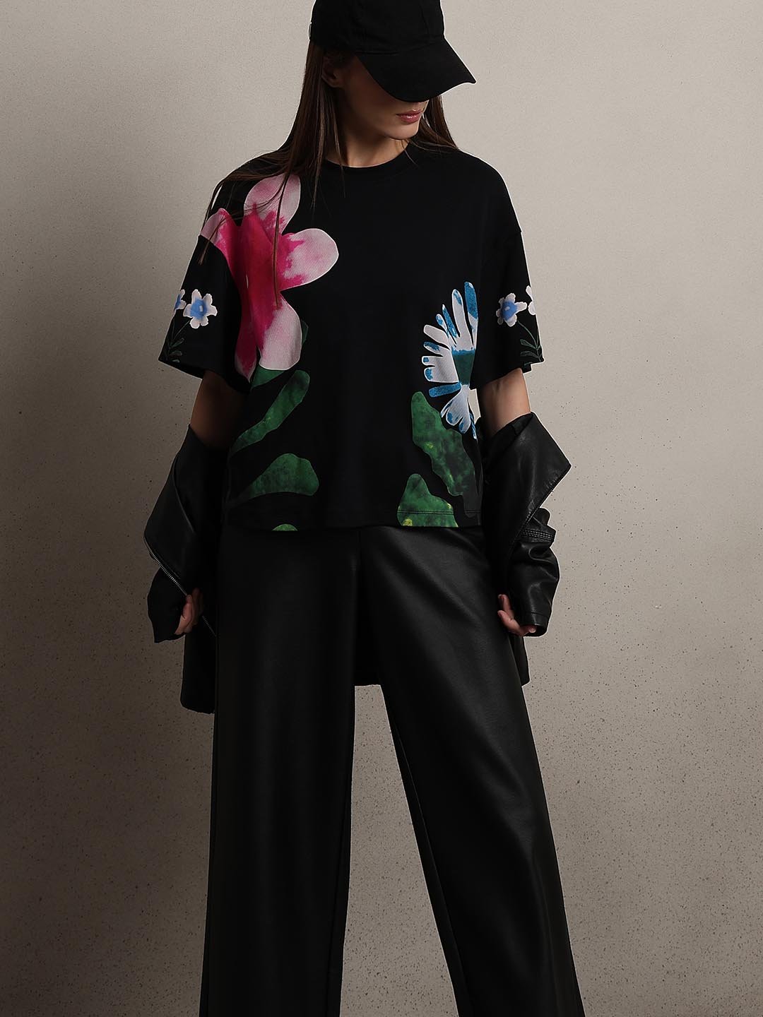 Black Floral Cotton T-shirt
