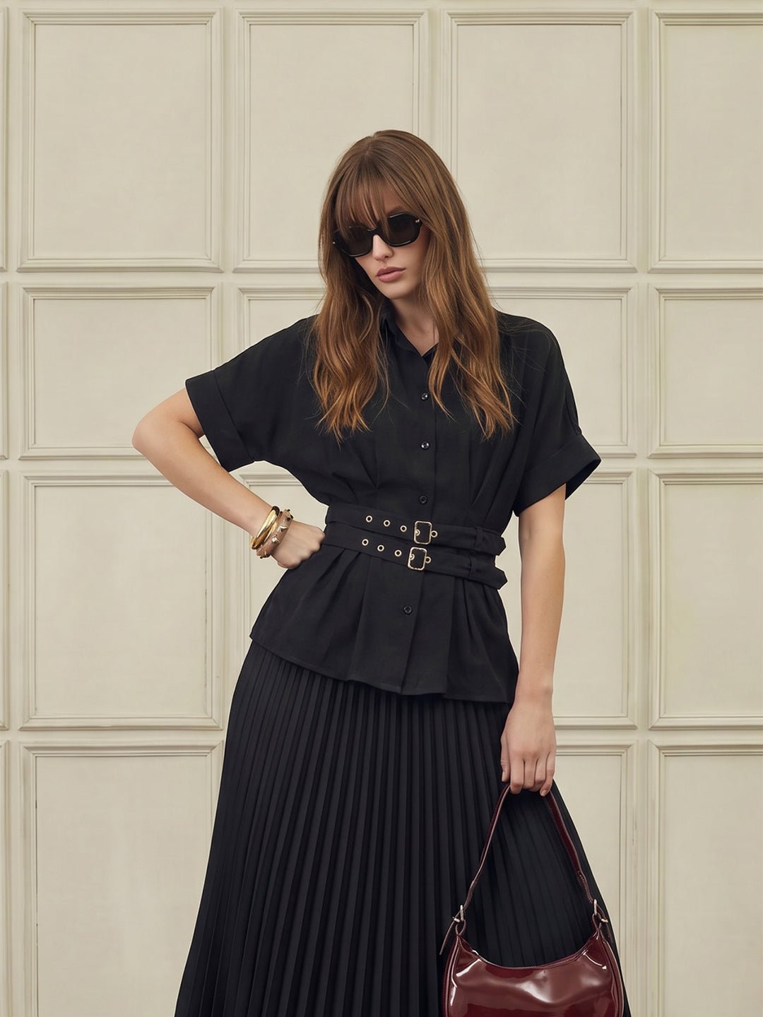 Black Cinched Waist Shirt