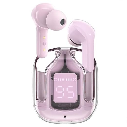 Pink Wireless Bluetooth Earbuds with Transparent Case & LED Display, in-Ear Stereo Headphones with Mic