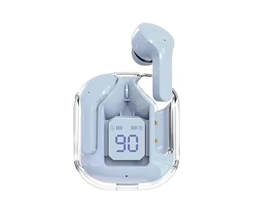 Blue Wireless Bluetooth Earbuds with Transparent Case & LED Display, in-Ear Stereo Headphones with Mic