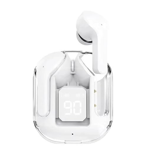 White Wireless Bluetooth Earbuds with Transparent Case & LED Display, in-Ear Stereo Headphones with Mic