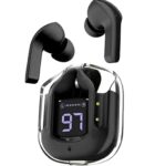 Black Wireless Bluetooth Earbuds with Transparent Case & LED Display, in-Ear Stereo Headphones with Mic