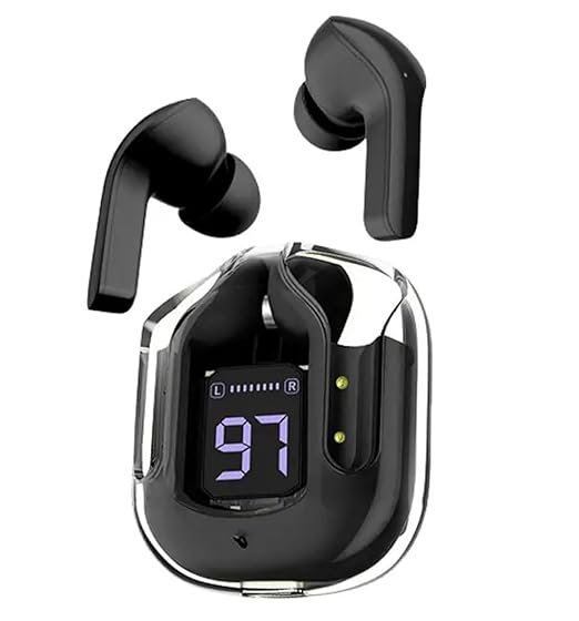 Black Wireless Bluetooth Earbuds with Transparent Case & LED Display, in-Ear Stereo Headphones with Mic