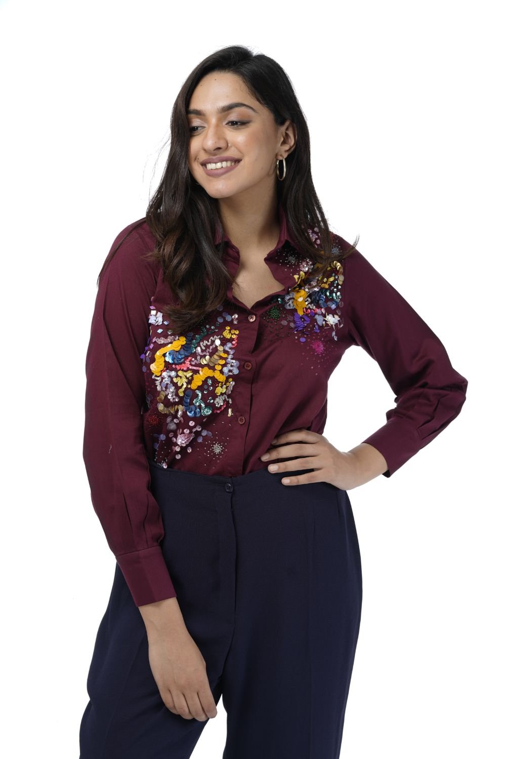 Maroon Cotton embellished shirt