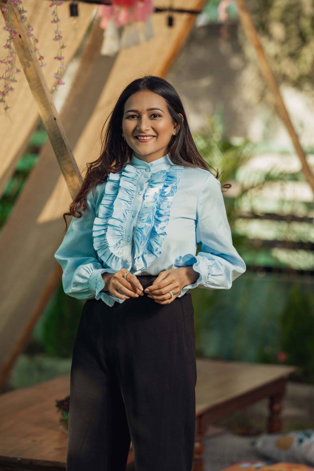 Ruffle Yoke Powder Blue Shirt