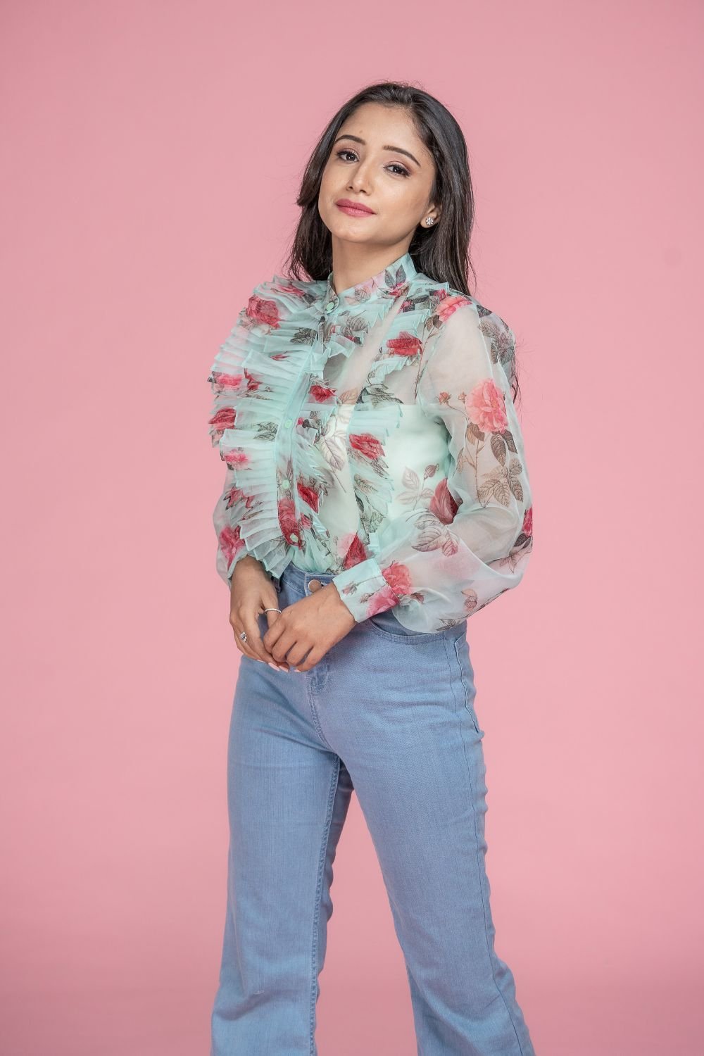 Mint Floral Pleated Shirt