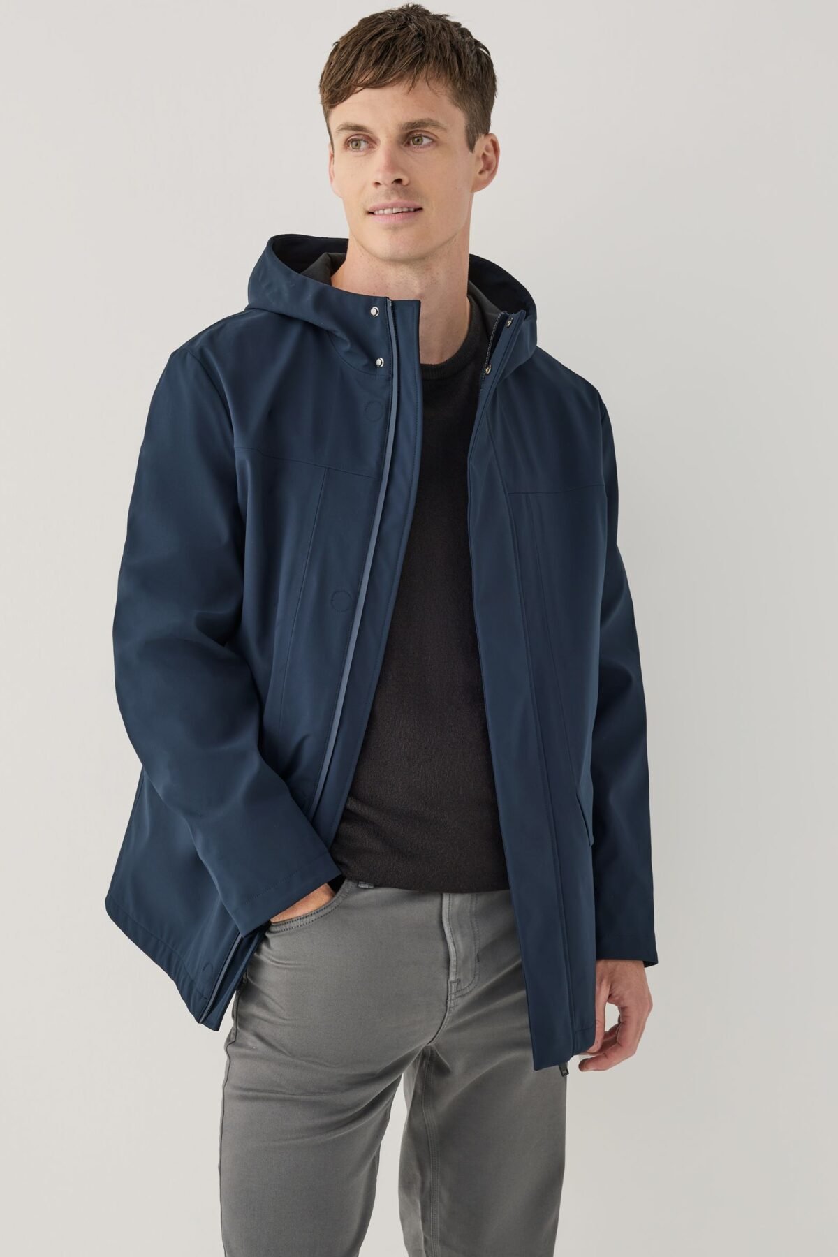 Navy Regular Fit Waterproof Hooded Coat with Taped Seams for Men