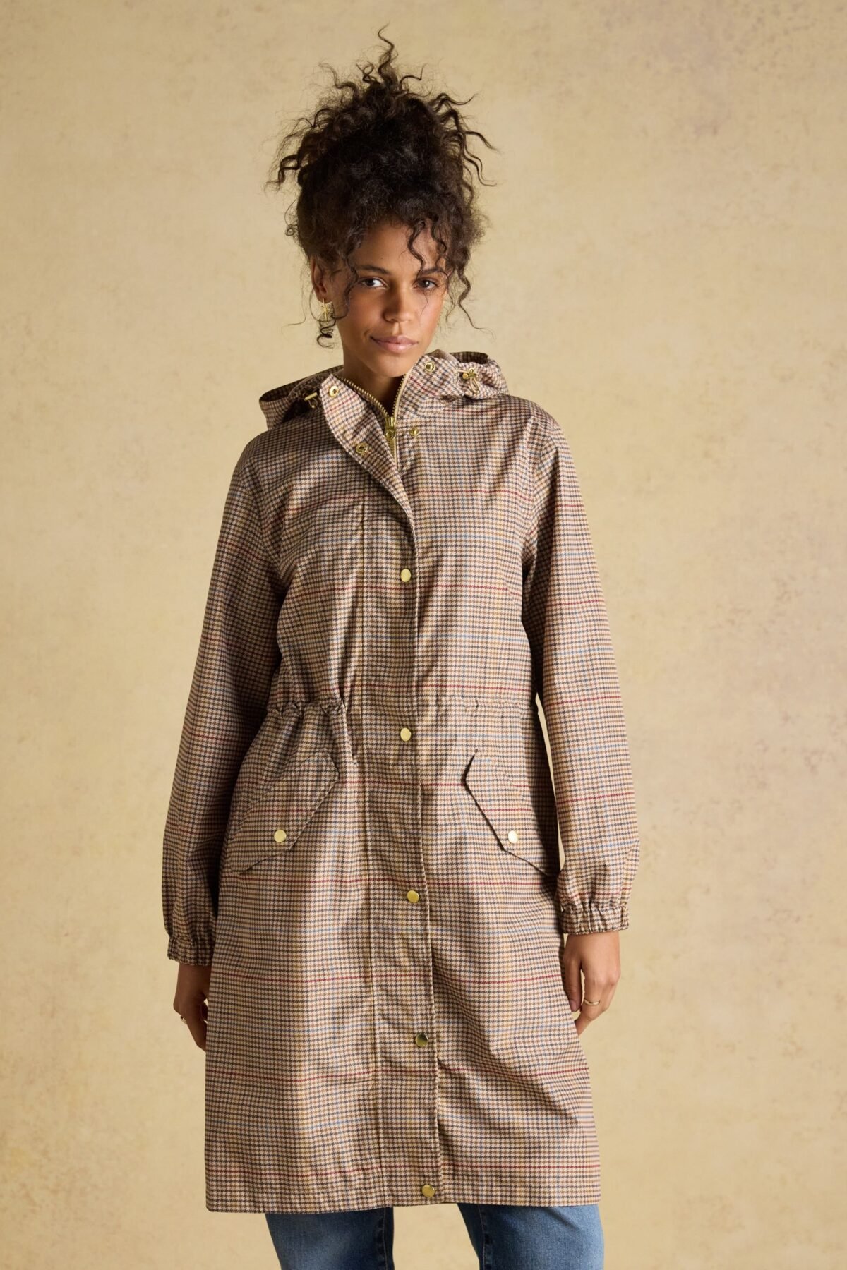 Women's Neutral Check Waterproof Packable Raincoat with Hood