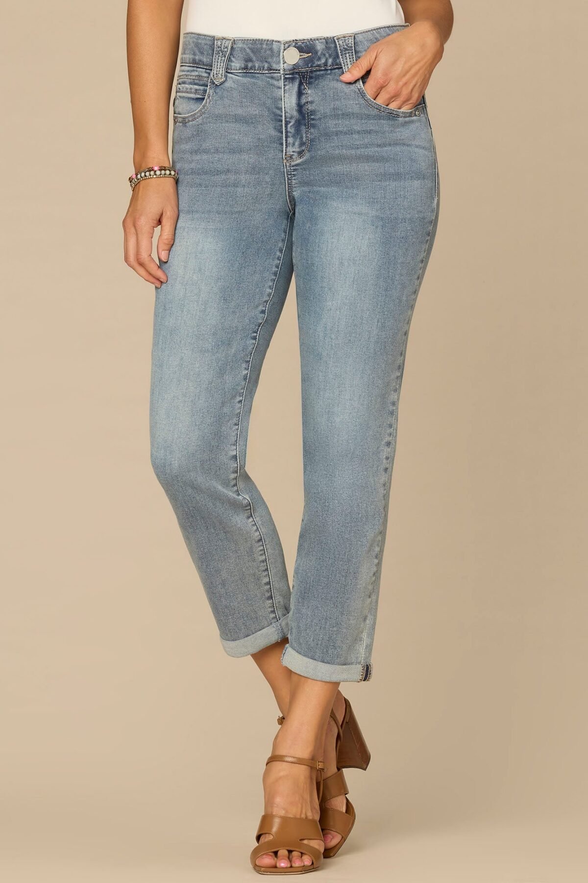 Fast Wear Mid-Rise Roll Cuff Light Blue Petite Ankle Skimmer Jeans
