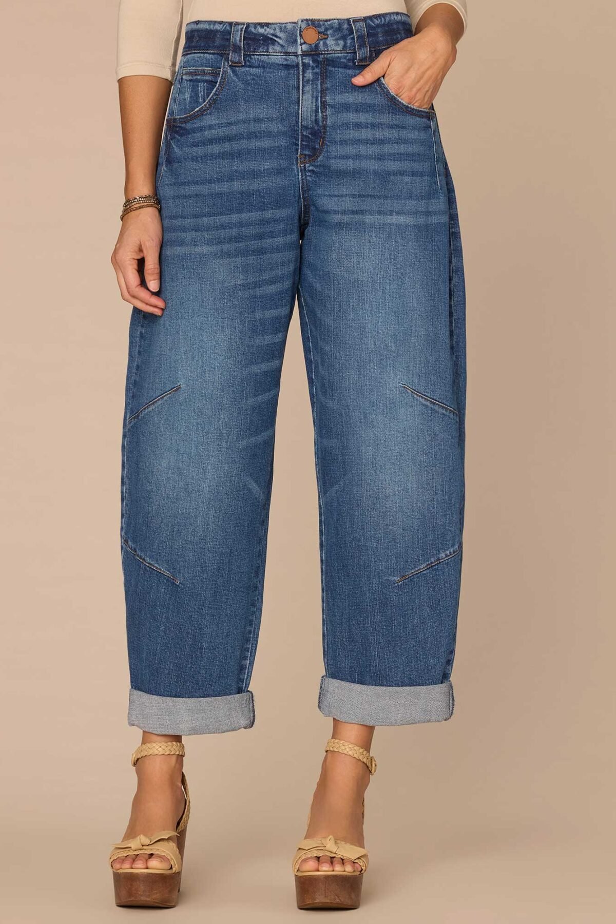 Fast Wear Skyrise Roll Cuff Petite Barrel Leg Jeans with Knee Dart