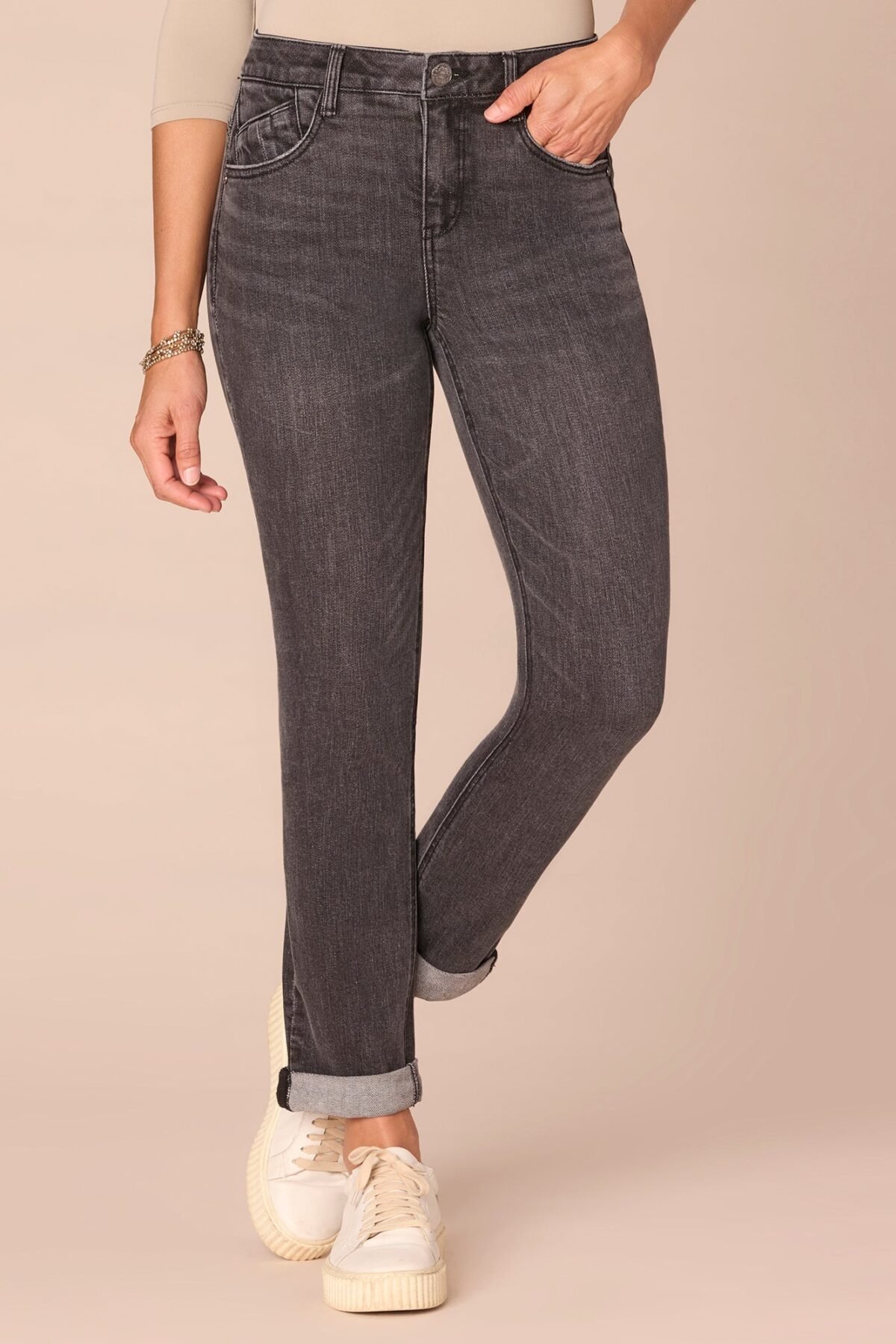 Fast Wear Mid-Rise Petite Girlfriend Jeans with Roll Cuff