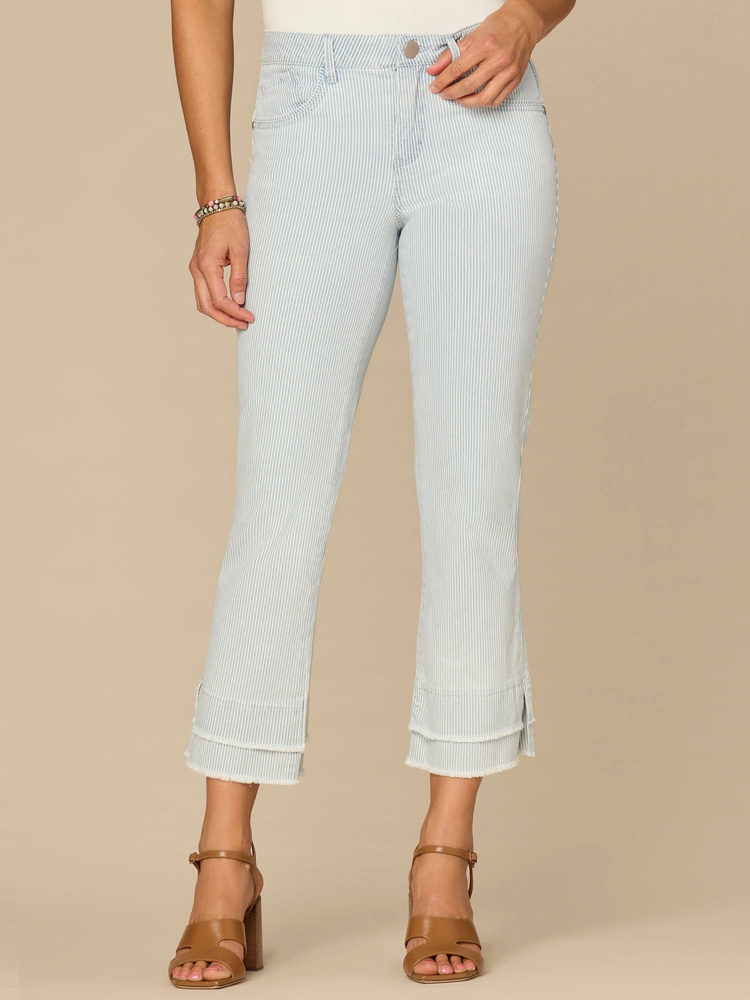Fast Wear Mid-Rise Striped Kick Flare Jeans with Double Layer Fray Hem