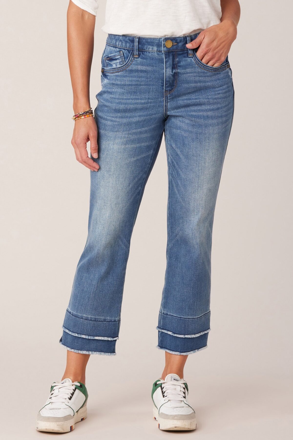 Fast Wear Mid-Rise Blue Double Layer Fray Hem Kick Flare Jeans